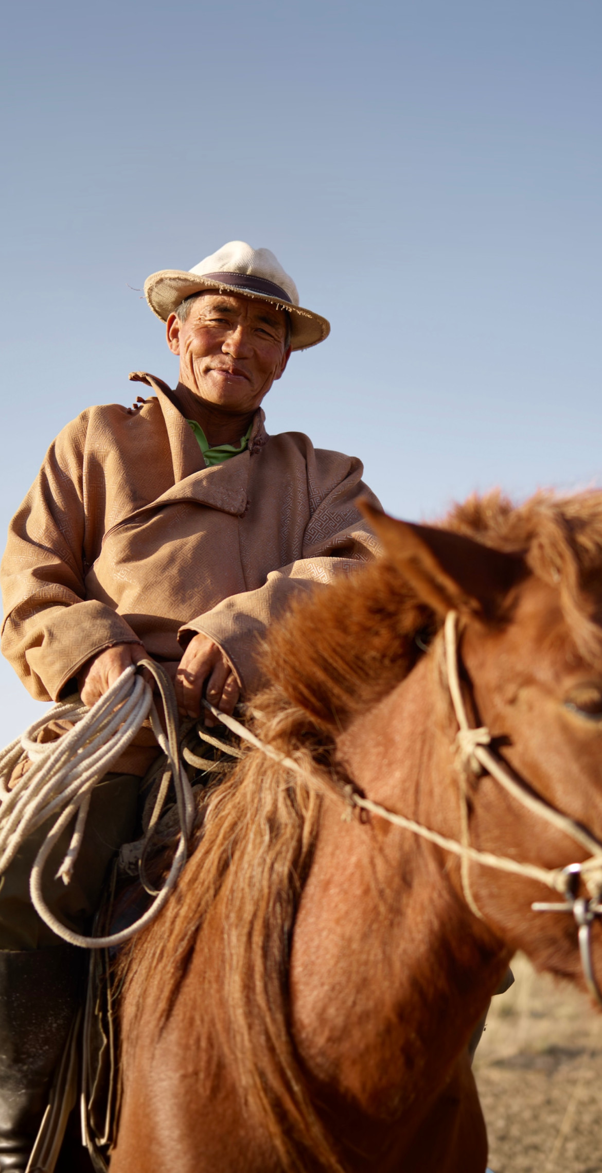 A Mongolian herder on horseback on the steppe