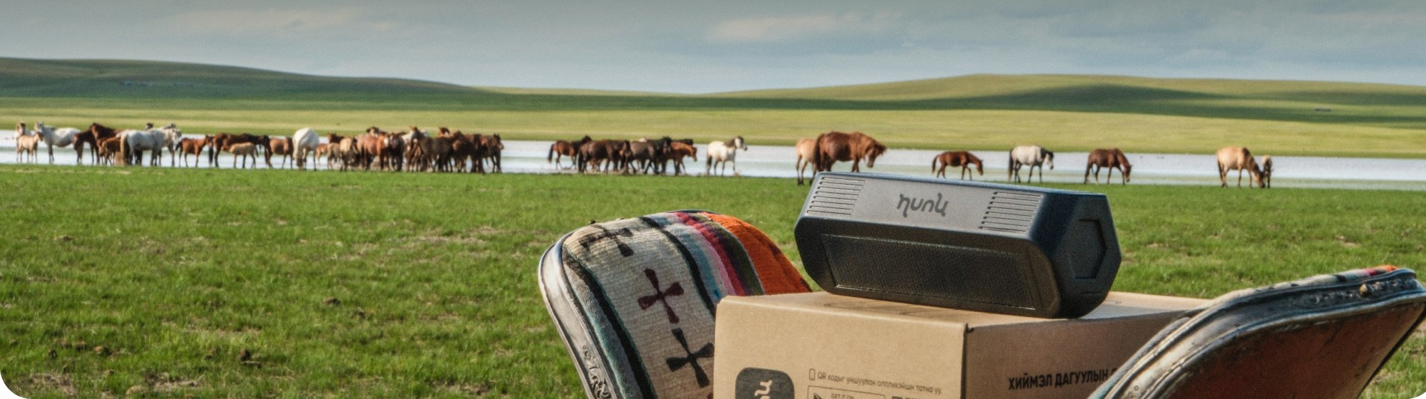 The Hunu GPS tracker on a saddle by a herd of horses